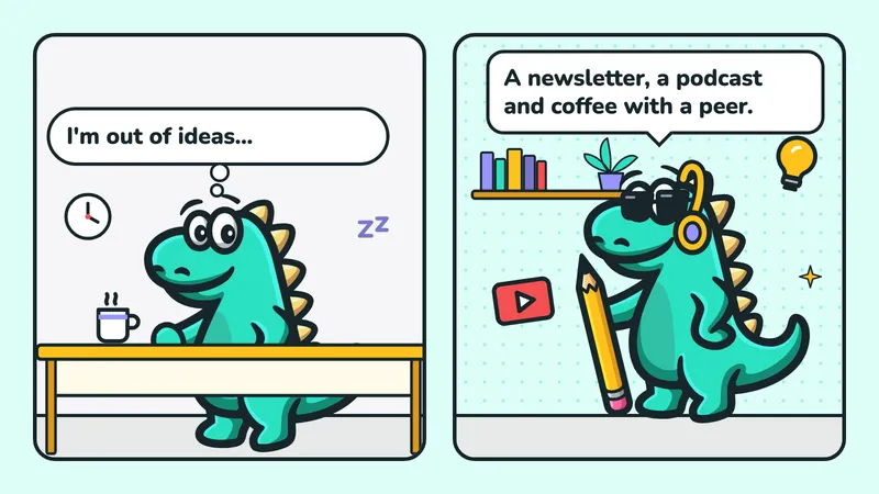 Two-panel comic: a sleepy Contesaur mascot next to a mug thinks “I'm out of ideas…”, the mascot in headphones next to a light bulb and a video says “A newsletter, a podcast and coffee with a peer.”