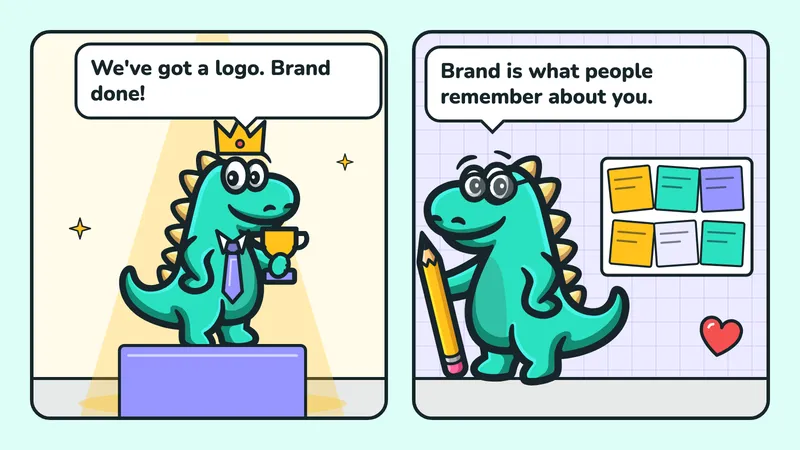 Two-panel comic: the Contesaur mascot with a crown and a trophy says “We've got a logo. Brand done!”, the mascot in glasses next to a heart and a target replies “Brand is what people remember about you.”