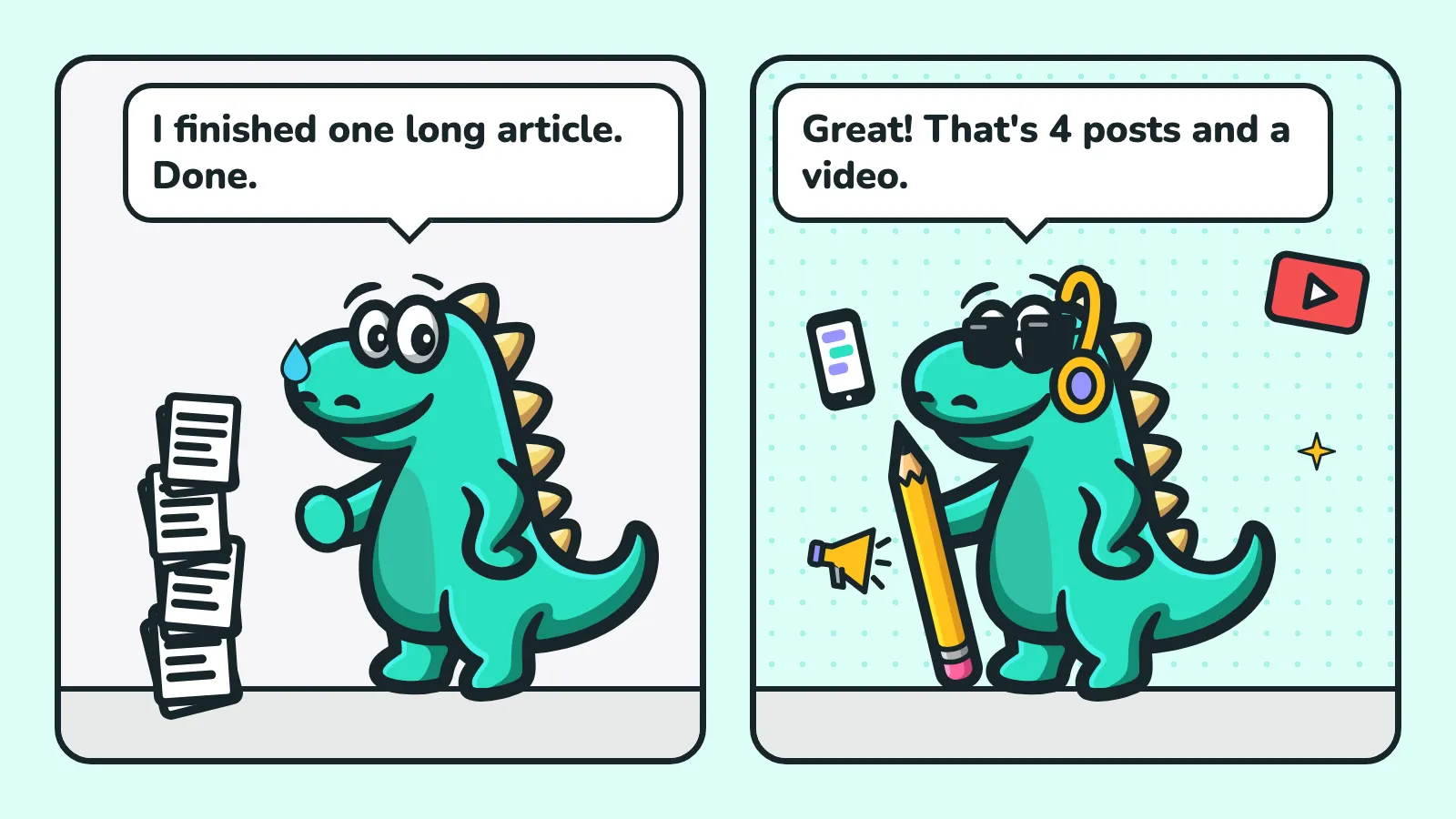 Two-panel comic: a sweating Contesaur mascot next to a stack of papers says “I finished one long article. Done.”, the mascot in headphones surrounded by a phone, a video and a megaphone replies “Great! That's 4 posts and a video.”