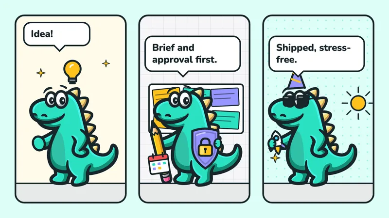 Three-panel comic: the Contesaur mascot with a light bulb above its head shouts “Idea!”, the mascot with a pencil, shield, calendar and papers says “Brief and approval first.” and the mascot in a party hat with a rocket celebrates “Shipped, stress-free.”