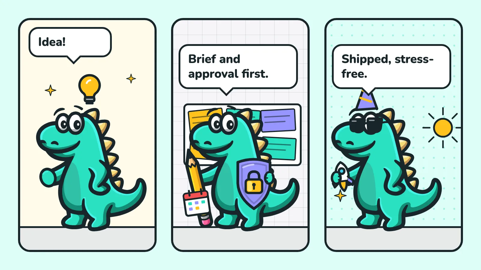 Three-panel comic: the Contesaur mascot with a light bulb above its head shouts “Idea!”, the mascot with a pencil, shield, calendar and papers says “Brief and approval first.” and the mascot in a party hat with a rocket celebrates “Shipped, stress-free.”