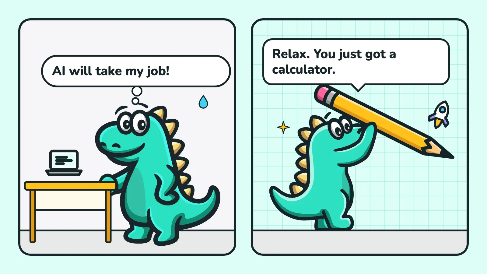 Two-panel comic: a scared Contesaur mascot at a laptop thinks “AI will take my job!”, the mascot with a giant pencil replies “Relax. You just got a calculator.”