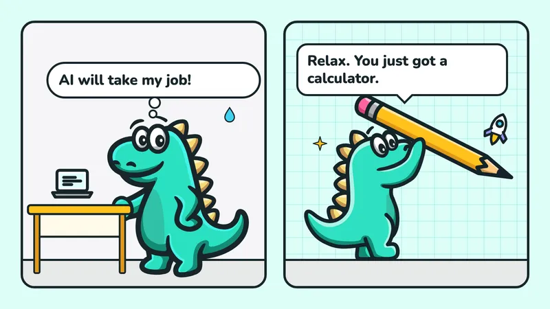 Two-panel comic: a scared Contesaur mascot at a laptop thinks “AI will take my job!”, the mascot with a giant pencil replies “Relax. You just got a calculator.”